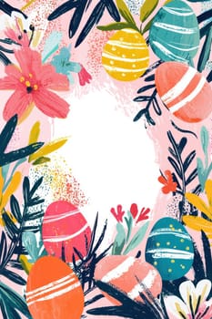 Colorful easter card template featuring bold brushstroke patterns, vibrant decorated eggs, and floral accents surrounding a blank text space. the lively composition blends bright colors with artistic elements, ideal for festive card creation.