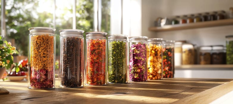 A stunning arrangement of colorful tea blends in clear glass jars on a wooden table, set in a luminous kitchen with sunlight streaming through a window. the composition provides ample space on the right for product descriptions or branding.