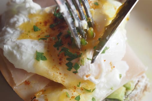 A truly mouthwatering dish that beautifully features poached eggs, fresh herbs, and crispy toast