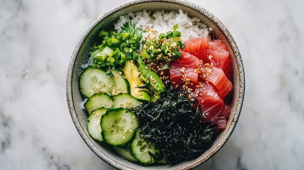 Fresh poke bowl featuring ahi tuna, avocado, cucumber, seaweed, and rice in a minimalist ceramic bowl. the vibrant colors and clean presentation highlight fresh ingredients, ideal for healthy culinary design, menu, or food blog content.