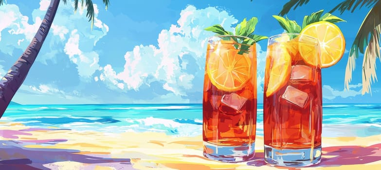 Vibrant tropical beach setting featuring tall glasses of iced tea adorned with lemon and mint. the serene ocean and palm trees in the backdrop create a refreshing vacation atmosphere, perfect for designing summer-themed prints or posters.