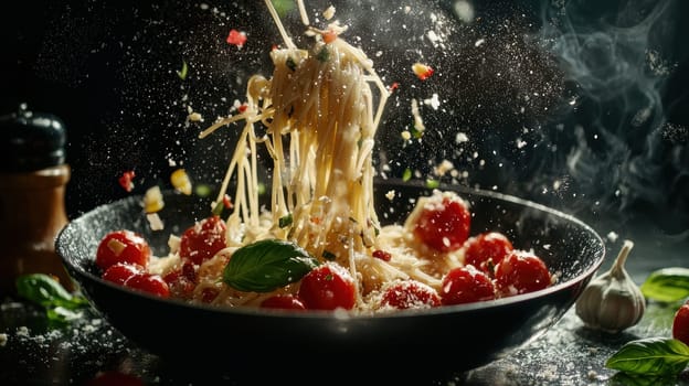 A chef masterfully tosses pasta in a skillet, surrounded by fresh ingredients like cherry tomatoes, garlic, and basil. steam and motion encapsulate the vibrant essence of culinary artistry, perfect for food prints and design inspiration.