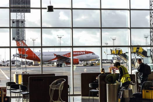 Easy Jet plane parked at Copenhagen airport. Copenhagen, Denmark - November 10, 2024