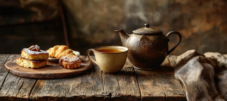 A cozy, rustic wooden table set with a teapot, ceramic cup, and a variety of tea cakes and pastries. the inviting warm atmosphere provides ample space for text on the upper left, perfect for design projects or cozy-themed posters.
