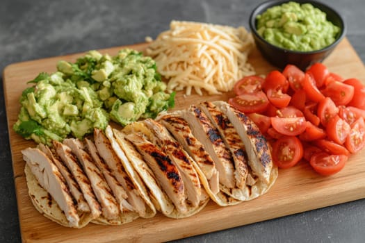 Flat lay of fresh taco ingredients on a wooden board, featuring diced tomatoes, grilled chicken, shredded cheese, guacamole, and cilantro. ideal for culinary projects, recipe cards, and food blog visuals, showcasing vibrant, natural textures.