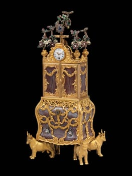 Antique miniature secretary by James Cox, circa 1766-72. The secretary features intricate gold and silver work,