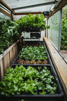 An advanced weeding machine moves through neatly arranged rows of organic vegetables in a spacious greenhouse. highlights modern sustainable farming practices, utilizing technology to improve agricultural productivity and sustainability.