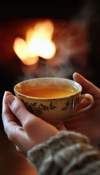 Close-up of hands cradling a steaming cup of herbal tea, exuding warmth and relaxation. the cozy indoor setting features a glowing fireplace in the background, enhancing the serene and comforting atmosphere of the scene.
