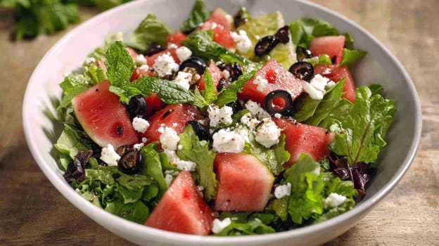 A vibrant summer salad with mixed greens, juicy watermelon cubes, crumbled feta cheese, and fresh mint leaves, artfully arranged in a white ceramic bowl. the colorful presentation highlights freshness, making it ideal for culinary projects.