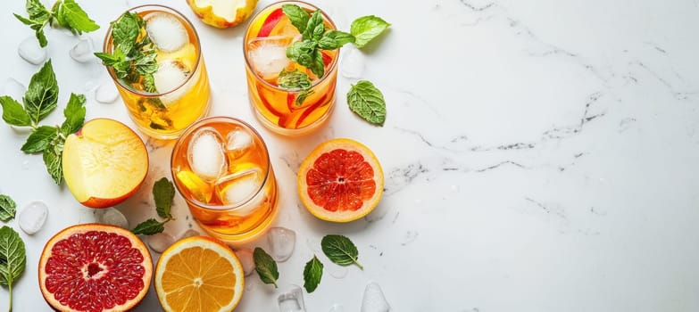 Refreshing iced tea in tall glasses adorned with fresh herbs and surrounded by vibrant fruits on a marble countertop. ideal for summer drink promotions, freshness and inviting seasonal enjoyment.