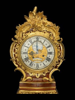 A close-up of an antique French longcase equation regulator by Ferdinand Berthoud, featuring intricate marquetry, gilded ormolu accents, and a graceful rococo design.