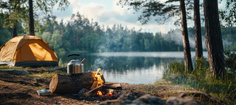 A tranquil lakeside camping scene featuring a steaming kettle on a campfire, a tin cup on a log, and a tent nearby. the peaceful sunset backdrop provides an inviting atmosphere, perfect for outdoor adventure themed designs and promotions.