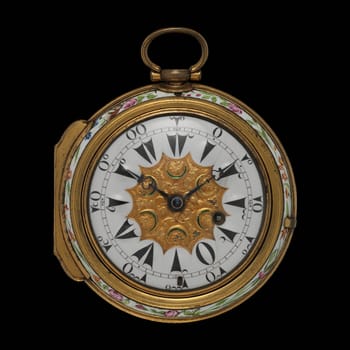 Antique gold clock watch with enamel and floral design.