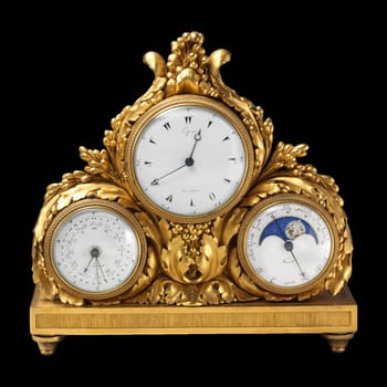 A close-up of a gilded antique clock with a perpetual calendar and moon phase display. The clock face features elegant Arabic numerals.