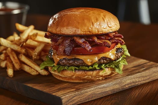 A gourmet burger stacked high with juicy layers of cheese, lettuce, tomato, and crispy bacon, served on a wooden board alongside golden fries. ideal lighting highlights the appetizing textures and colors, making it perfect for food advertising.