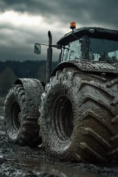 Mud-covered tractor in a challenging field setting showcases its advanced technology and resilience. designed for agricultural efficiency, it demonstrates rugged durability amidst a backdrop of cloudy skies and mountainous terrain.