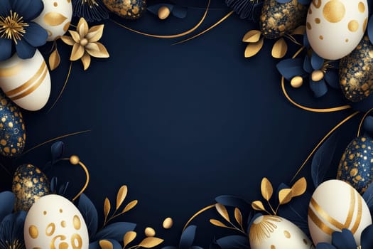 Luxurious easter card design featuring intricate gold detailing on navy blue eggs and floral patterns. includes a central blank space ideal for custom text. perfect for sophisticated holiday cards, posters, or print designs.