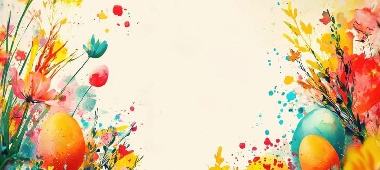 Vibrant artistic easter card template featuring a bold abstract background with colorful splashes. decorated with egg and floral motifs surrounding a blank text area, this lively design is ideal for greeting cards, posters, or festive prints.