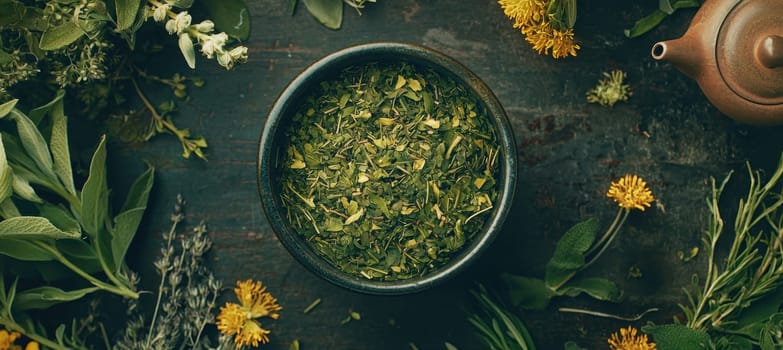 A close-up of a ceramic bowl filled with loose leaf herbal tea, surrounded by scattered dried herbs and vibrant flower petals. the rustic textured background creates a natural and organic atmosphere with space for text in the top right.