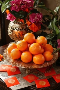 Mandarin oranges and red envelopes are arranged elegantly on a table, adorned with lunar new year decorations. the vibrant colors and traditional elements symbolize wealth and good fortune, creating a festive, cultural ambience.