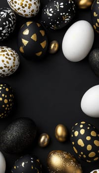 Minimalist easter card template featuring monochromatic eggs with gold accents, arranged artistically on a white background. ideal for creating contemporary, stylish, and elegant greeting cards, perfect for celebrating easter in style.
