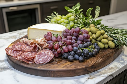 Artfully arranged charcuterie board featuring a variety of gourmet cheeses, cured meats, olives, and fresh grapes on a marble countertop. the selection highlights rich textures and colors, making it perfect for upscale dining or event use.