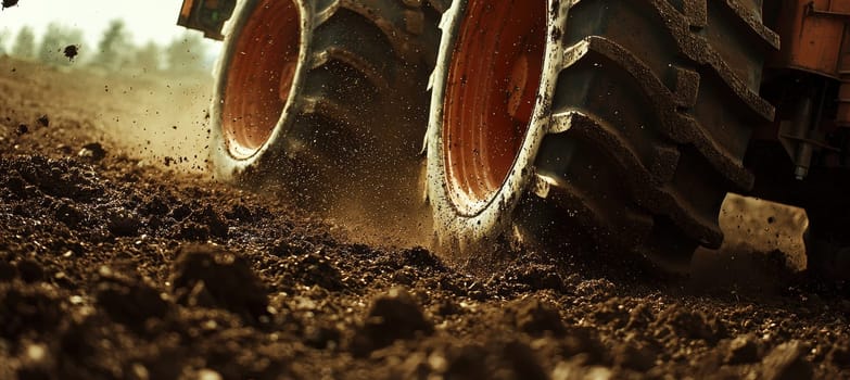 Close view of a large tractor's blades tilling soil, scattering earth and small rocks in dynamic detail. the image highlights the machinery's power and the intricate details of the agricultural process, showcasing the strength and precision involved in modern farming.