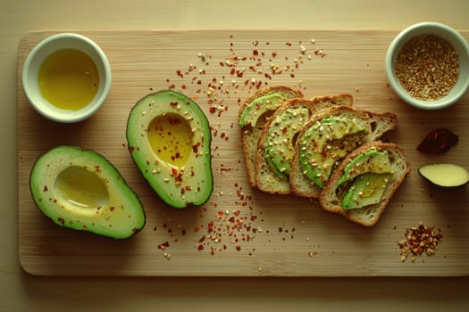 Avocado toast preparation featuring sliced avocados on toasted bread, enhanced with olive oil and chili flakes. ingredients are artfully arranged on a wooden board in natural sunlight, showcasing culinary creativity and fresh flavors.