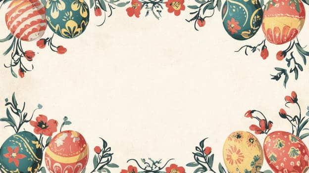 A beautifully crafted easter card template featuring intricate floral borders and classic egg designs. the vintage color palette enhances the nostalgic appeal, while the central blank space offers room for personalized text or greetings.