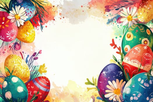 Easter-themed artistic card template featuring a vivid array of watercolor painted eggs and flowers framing a blank center. ideal for personalized greetings, this expressive design offers a vibrant touch to easter festivities.