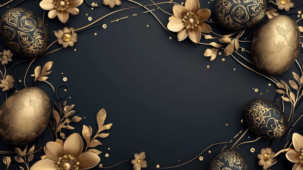 Elegant easter card template featuring intricate gold foil designs on eggs surrounded by delicate flowers. a sophisticated blank center allows for customization, perfect for creating personalized messages. luxurious and stylish design.
