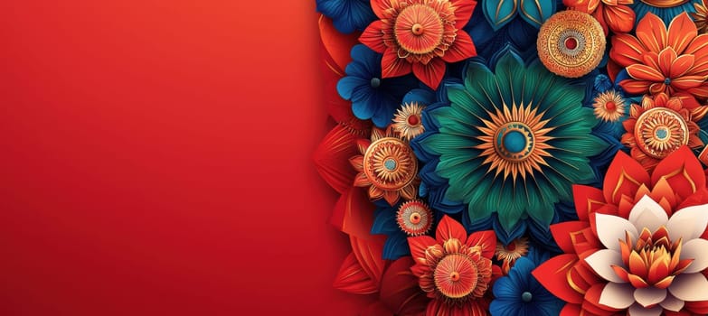 Artistic republic day banner illustrating indian cultural symbols, including a vibrant lotus and intricate patterns of peacocks, highlighted by the tricolor flag and ashoka chakra. space is thoughtfully left for additional design or text.