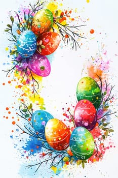 Vibrant watercolor easter card template featuring colorful eggs, floral accents, and a blank area for text. perfect for creative holiday greetings, capturing the festive spirit with artistic splashes and lively design elements.