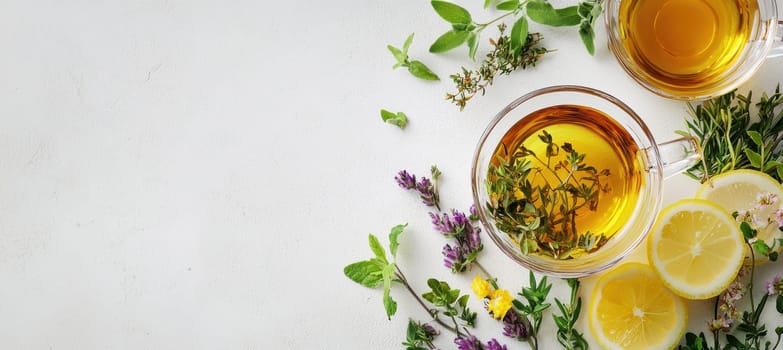 A glass tea cup filled with steeping loose leaf tea, surrounded by vibrant fresh herbs and sliced lemons on a minimalist background. this layout offers ample space for text, making it ideal for design projects, posters, or print materials.