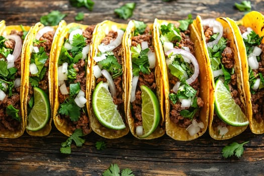 A vibrant display of tacos filled with beef, chicken, and vegetarian options, topped with fresh cilantro, onions, and lime wedges. the tacos are artfully arranged on a rustic wooden table, offering a festive and appetizing culinary scene.
