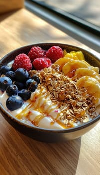 A vibrant breakfast bowl featuring creamy greek yogurt topped with fresh raspberries, crunchy granola, and a drizzle of honey. placed on a light wooden table, the scene is complemented by natural lighting and scattered berries and mint leaves.