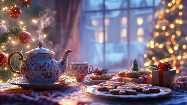A cozy winter scene features a beautifully set afternoon tea table adorned with holiday decorations. a steaming teapot, gingerbread cookies, and warm lighting create a joyful, festive atmosphere perfect for seasonal celebrations.