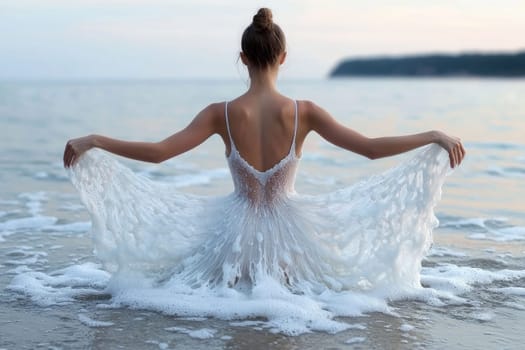 Ocean dancer: graceful ballerina, water dress flow, tranquil sea backdrop, poised elegance, flowing fabric, dance artistry, shoreline elegance, graceful form, rhythmic beauty, serene coastal scene