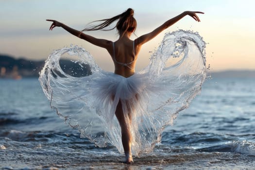 Ocean dancer: graceful ballerina, water dress flow, tranquil sea backdrop, poised elegance, flowing fabric, dance artistry, shoreline elegance, graceful form, rhythmic beauty, serene coastal scene