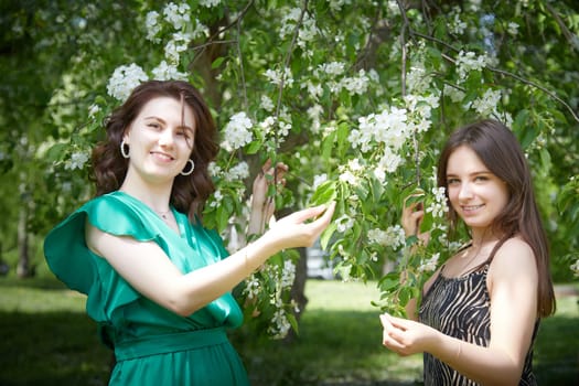 Portrait of happy girls in the park in summer. Female friends together. Young women pose in sunny park during summer, enjoying time outdoors