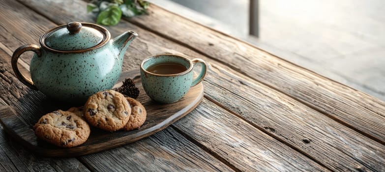 Rustic wooden table featuring an elegant teapot and two ceramic cups, surrounded by assorted cookies and pastries. the composition allows space for text or promotional messaging, ideal for advertisements or social media posts.