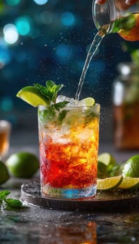 Lively scene showcasing a bartender pouring a colorful cocktail, accented with lime wedges and mint. the vibrant background creates a dynamic atmosphere, ideal for nightlife, bar promotions, and beverage advertisements.