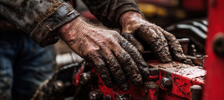 Weathered hands of a farmer meticulously cleaning and maintaining a modern plowing machine in a workshop. the close-up emphasizes the human dedication and skill involved in agricultural machinery upkeep, the fusion of tradition and technology.