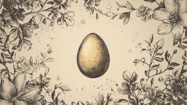 Vintage-inspired easter card template featuring sepia-toned floral borders and classic egg illustrations. the central area is blank, allowing for personalized text. this nostalgic design adds a timeless touch to holiday greetings or decorations.