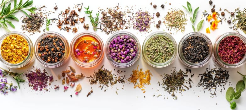 Loose leaf teas in glass jars displayed with herbs and spices on a white background. vivid colors and textures, offering an array of tea varieties for branding or product design, perfect for promoting tea products or natural wellness.