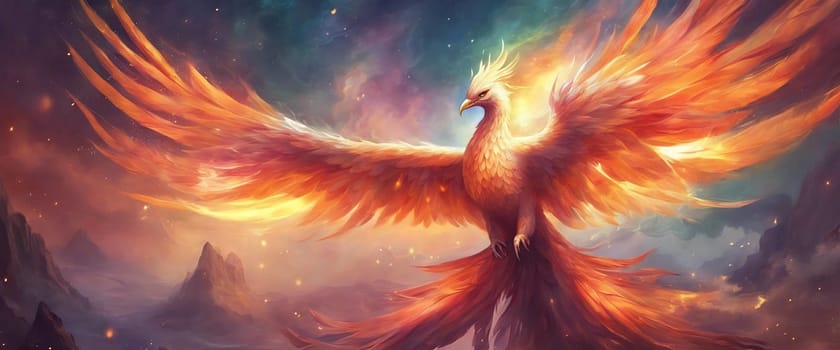Beautiful Phoenix with awesome wings, reborn bird, flying in the sky - Generative AI