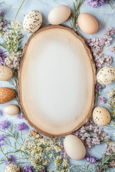 Rustic easter card template featuring pastel-colored eggs and wildflowers arranged on a textured wooden background. the central blank space enhances the cozy, natural feel, perfect for seasonal greetings or decorative prints.