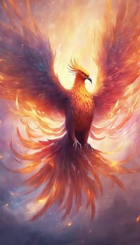 Beautiful Phoenix with awesome wings, reborn bird, flying in the sky - Generative AI