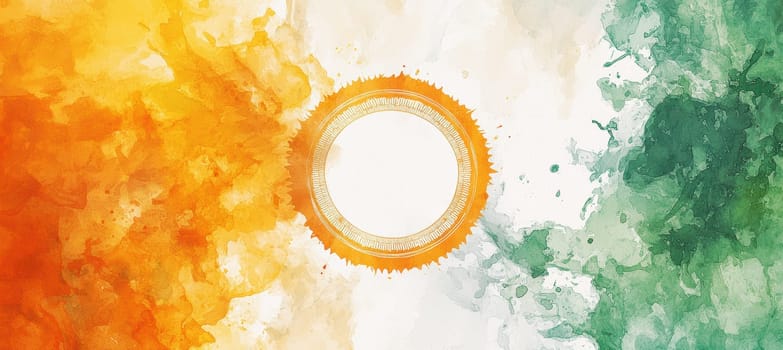 Abstract artistic rendering of the ashoka chakra surrounded by vibrant watercolor strokes in saffron, white, and green. this clean and modern design is perfect for republic day-themed prints, cards, or posters, symbolizing unity and diversity.