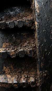 Detailed view of a tractor's wheel treads coated in mud, emphasizing the strength and durability of agricultural machinery. perfect for showcasing the ruggedness necessary in farming and construction environments.